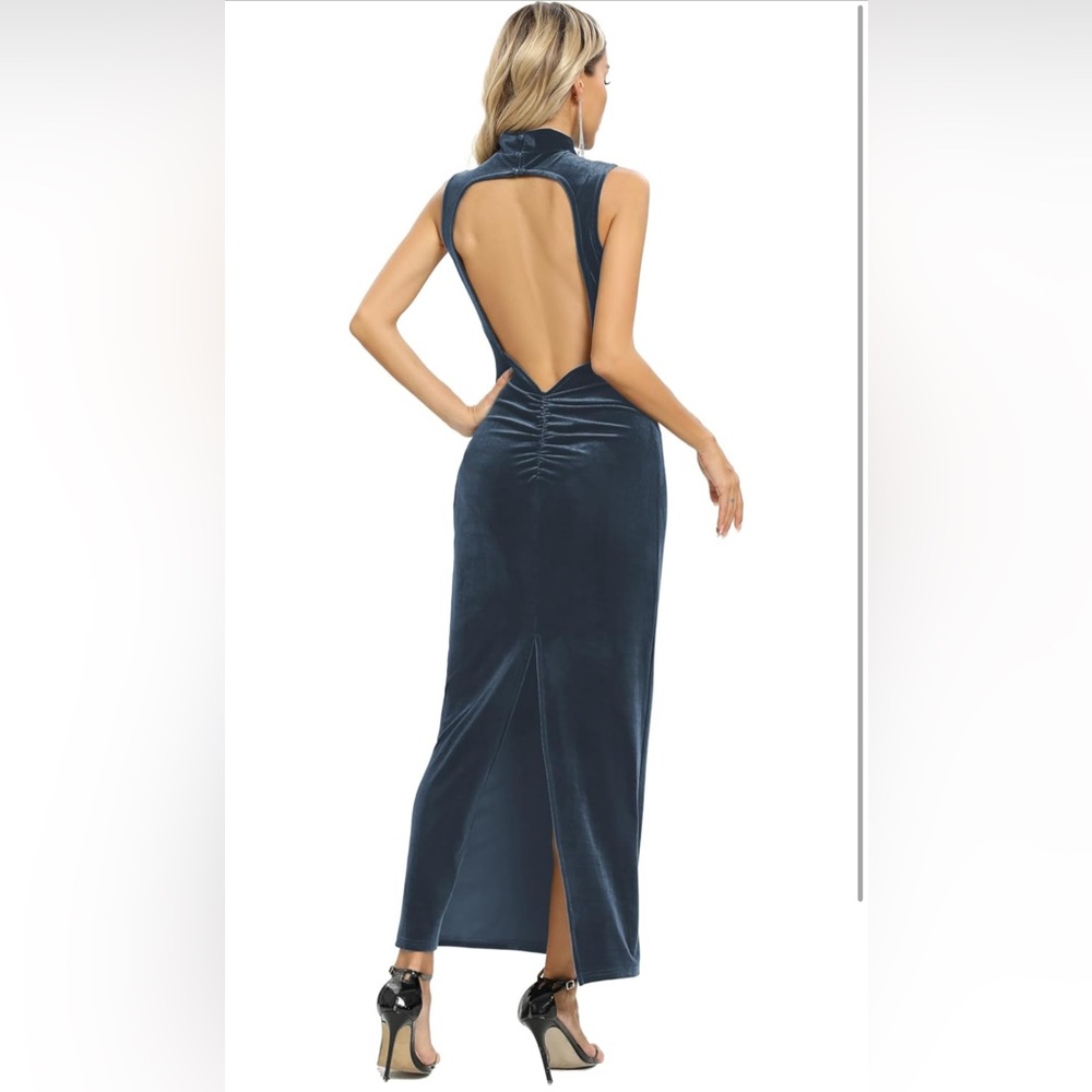 Capuffy Backless Velvet Back Slit Ruched Bodycon Formal Dress High Neck Dress
